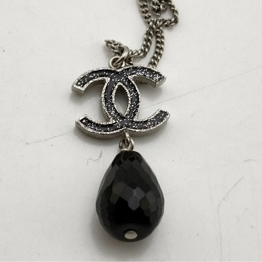Authentic Chanel Gunmetal CC Logo Necklace Black Teardrop Pendant full inclusion